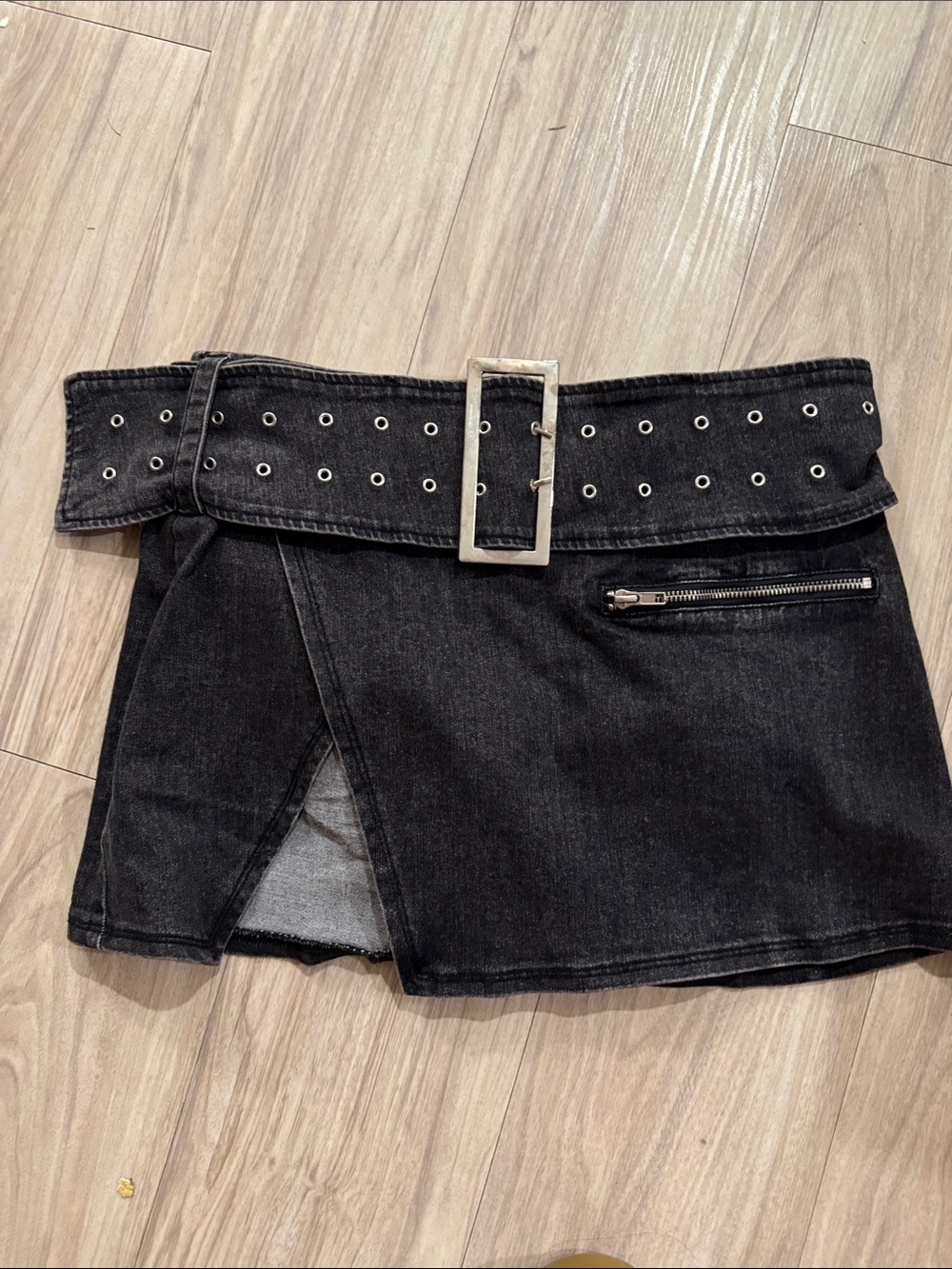 Black Denim Mini Skirt with Belt (size S, worn once)